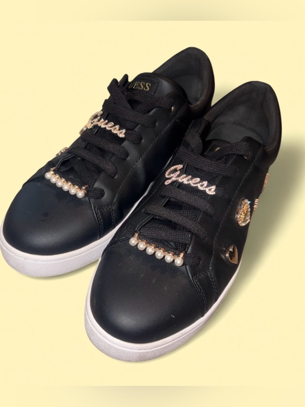 GUESS Black Embellished Sneakers Rhinestone Pearl Heart Low Top - Women’s 12